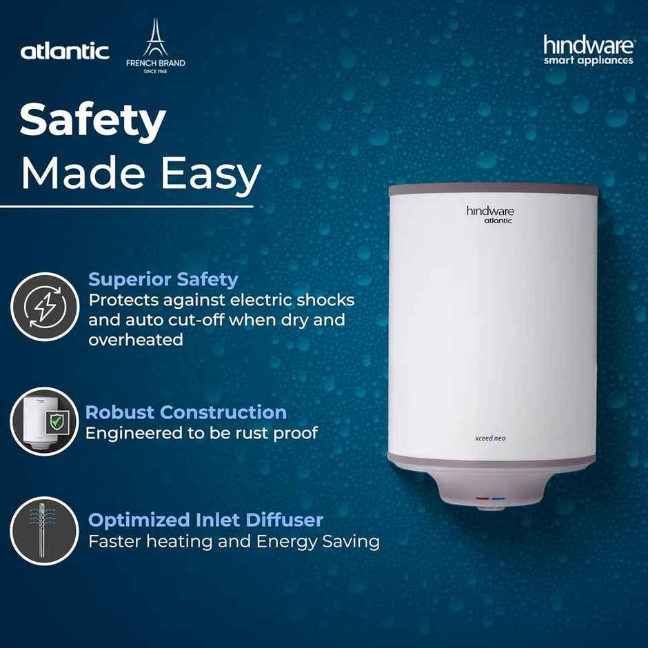 Hindware Smart Appliances Xceed Neo 10L, 2Kw, Glasslined Coated Tank, Storage Water Heater, White