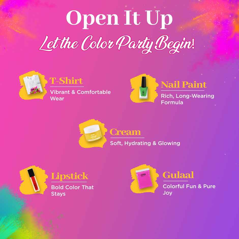 Enn Beauty Holi Hai Gift Box | T-shirt | Gulaals | Nail Paint | Lipstick | Face Cream | Set of 5