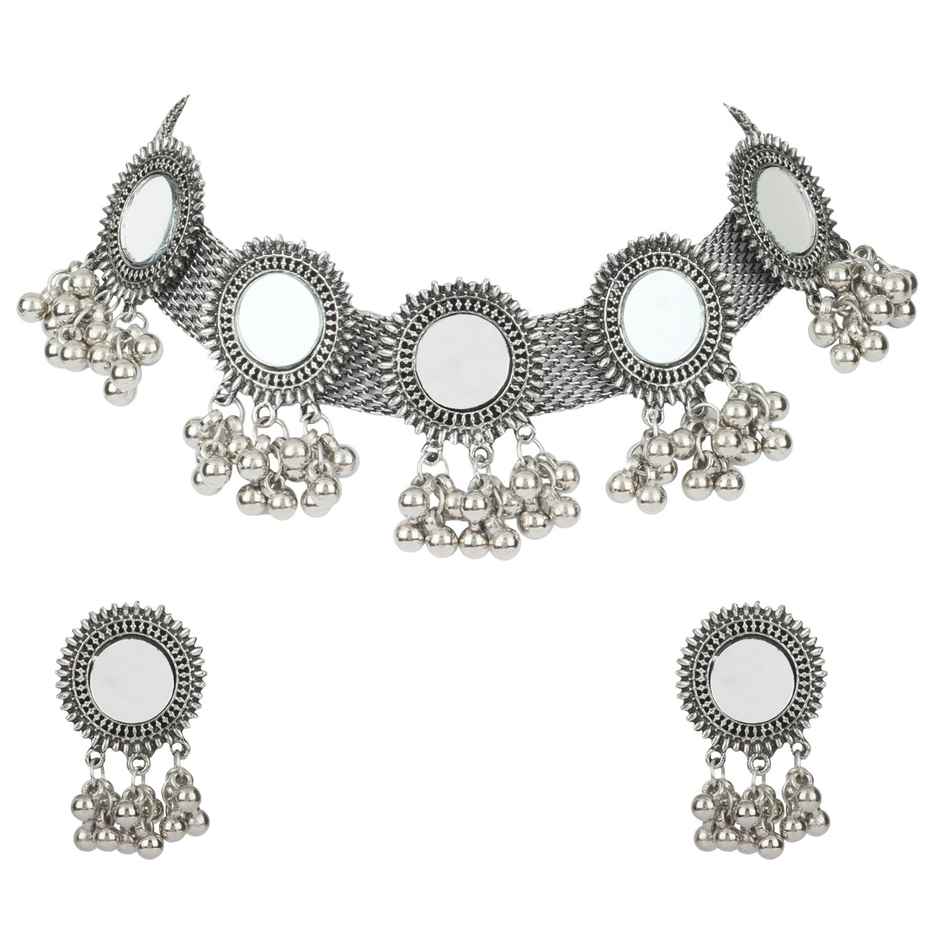 Shining Diva Fashion Stylish Oxidised Silver Tribal Choker Necklace Jewellery Set for Women 12162s