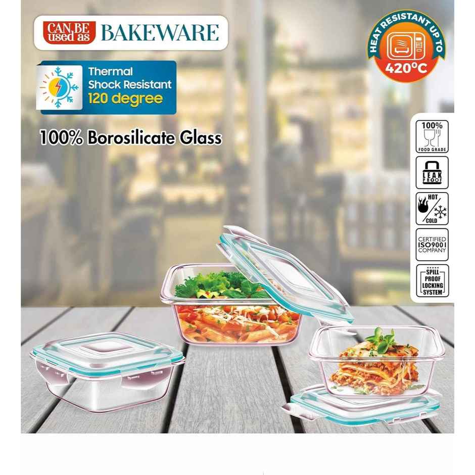 Signoraware Lock N Store Square Borosilicate Glass Container | 320 ml + 520 ml + 800 ml |Transparent