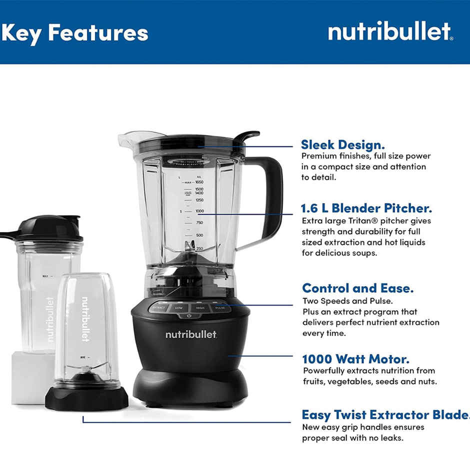 Nutribullet Combo Mixer Grinder/Smoothie Maker | 1000W | 2 Jars | 1.6L Pitcher & Tamper - Dark Grey