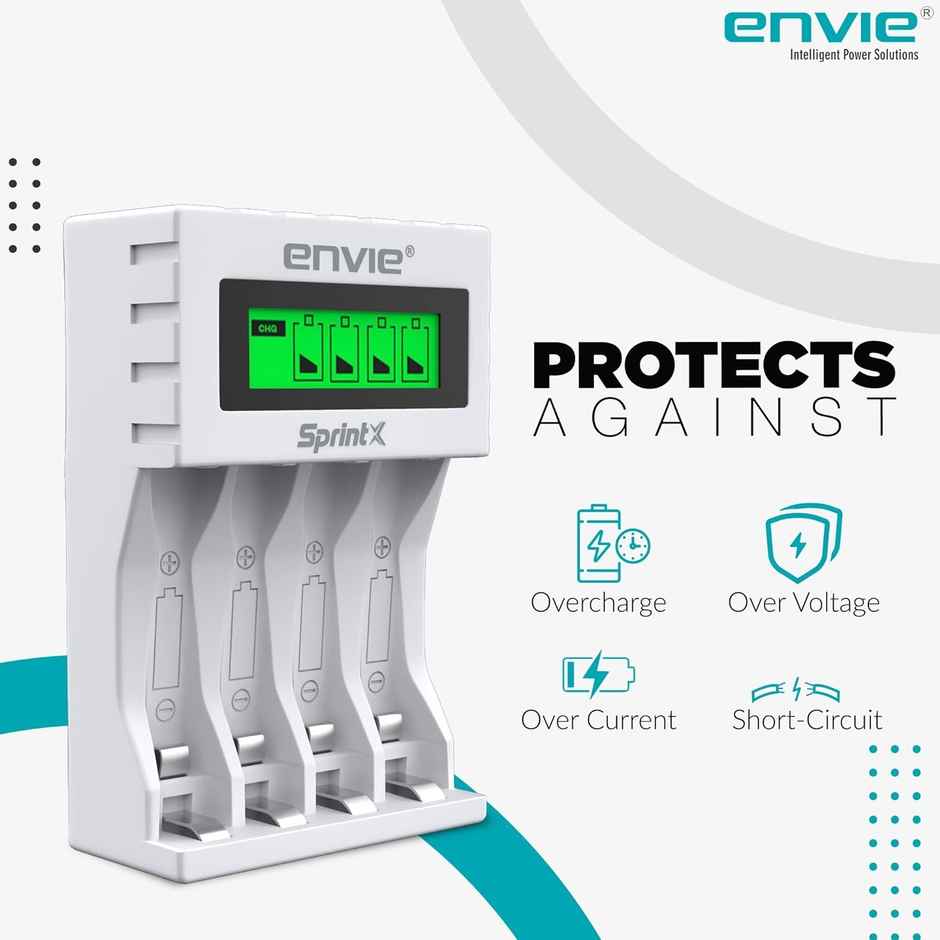 Envie (ECR11MC) SprintX Ultra Fast Battery Charger for Rechargeable Batteries AA & AAA Ni-mh, with LCD Display Indicator, Smart Charge Control System, Charge 2 or 4 Batteries at a Time