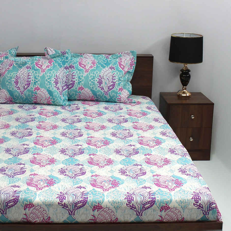 Bombay Dyeing Ivyrose 110 Tc 100% Cotton Olive Purple Queen Bedsheet With 2 Pillow Covers