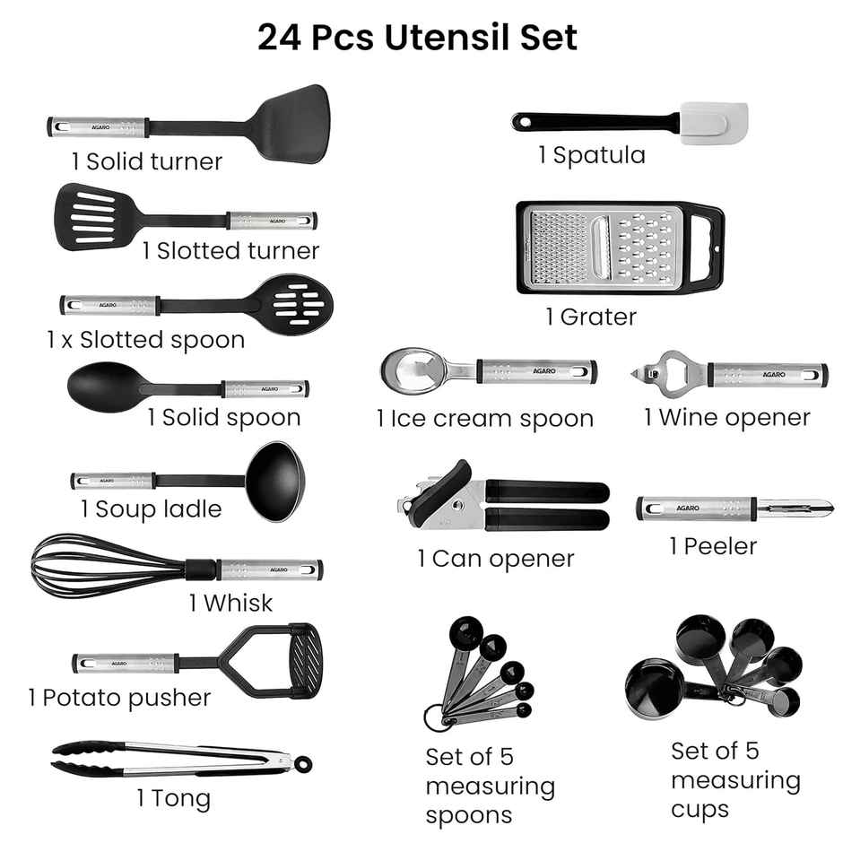 Agaro Galaxy 24 Pcs Kitchen Utensils Set, Nylon and Stainless Steel,Black