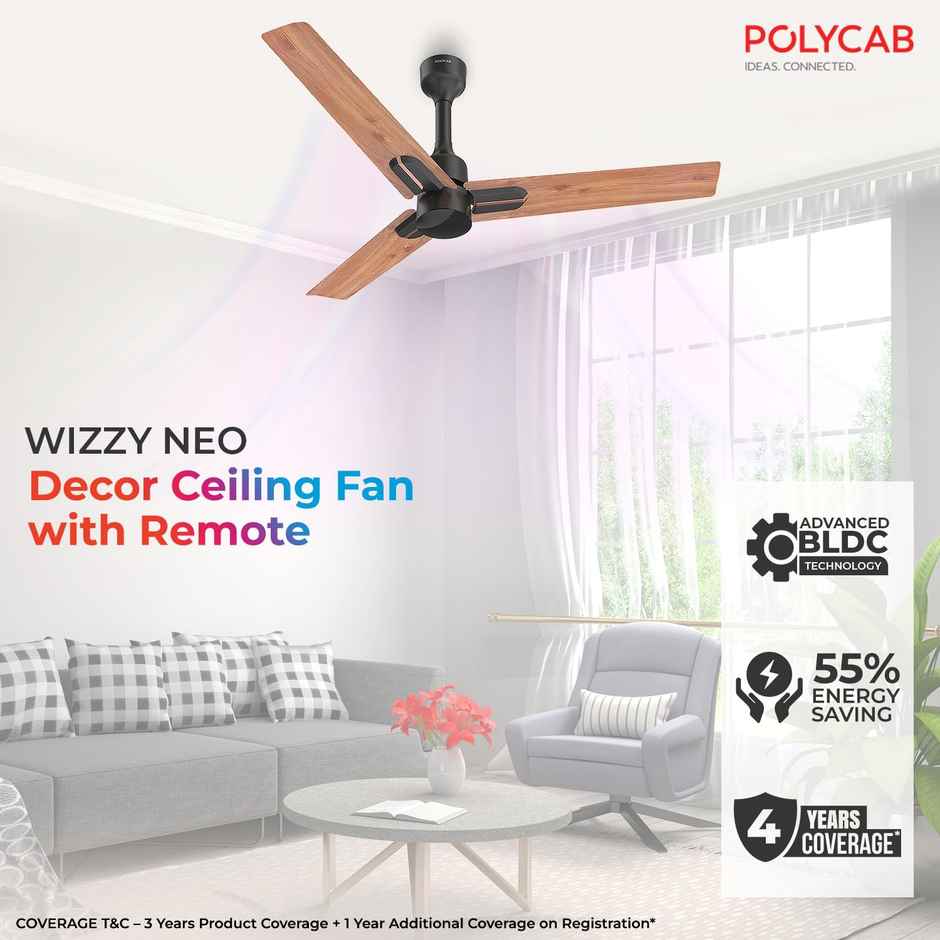 Polycab Wizzy Neo BLDC Ceiling fan,1200mm,5-Star,Remote Control,100% Copper,Natural Wood