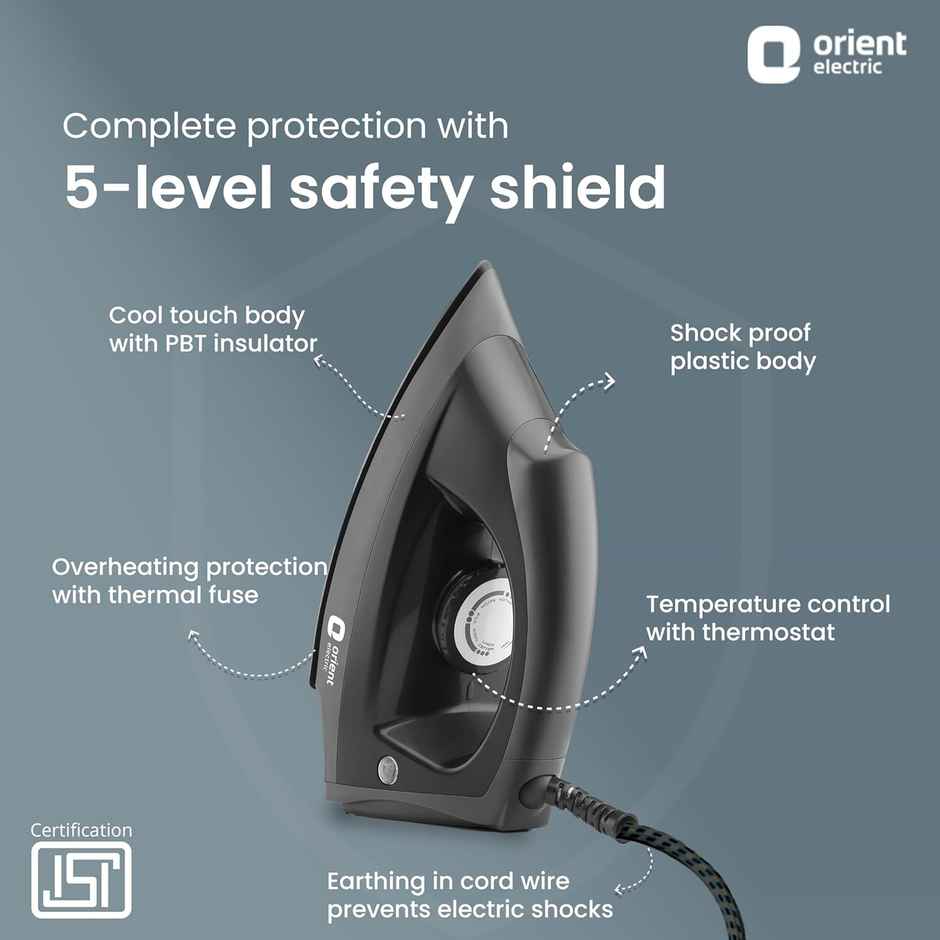 Orient Electric DIFG10GP Fabriglide 1000 W Dry Iron | German-made Weilburger coating on the soleplate| Silver Layered Thermostat for Better Heat Conductivity - Black & Grey