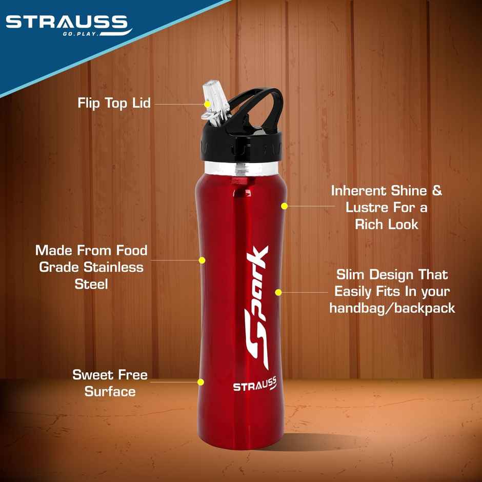 Strauss Spark Stainless-steel Bottle | Metal Finish | 750 ml | Red