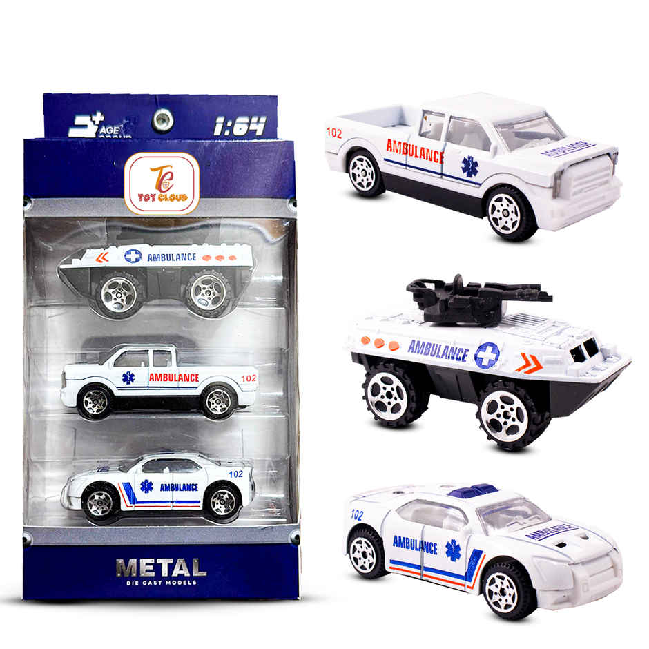 Toy Cloud Free Wheel Die Cast Metal Ambulance Vehicle Set of 3 1:64 Scale Model Vehicles Toys