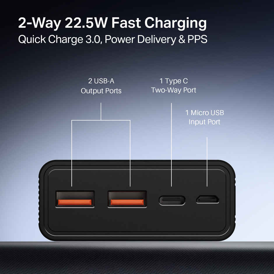 boAt (PB400) 20000 mAh wired Power Bank w/ 2-Way 22.5W Fast Charging & Smart Power Management - Carbon Black
