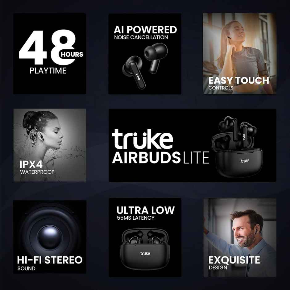 truke Airbuds Lite Truly Wireless Bluetooth Earbuds with 4Mic ENC, 48H Battery, Game Mode- Black