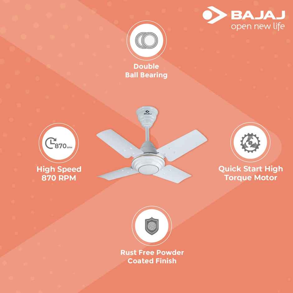Bajaj Maxima Ceiling Fan, 600mm,High Speed,Double Ball Bearing,Quick-start High Torque Motor, White