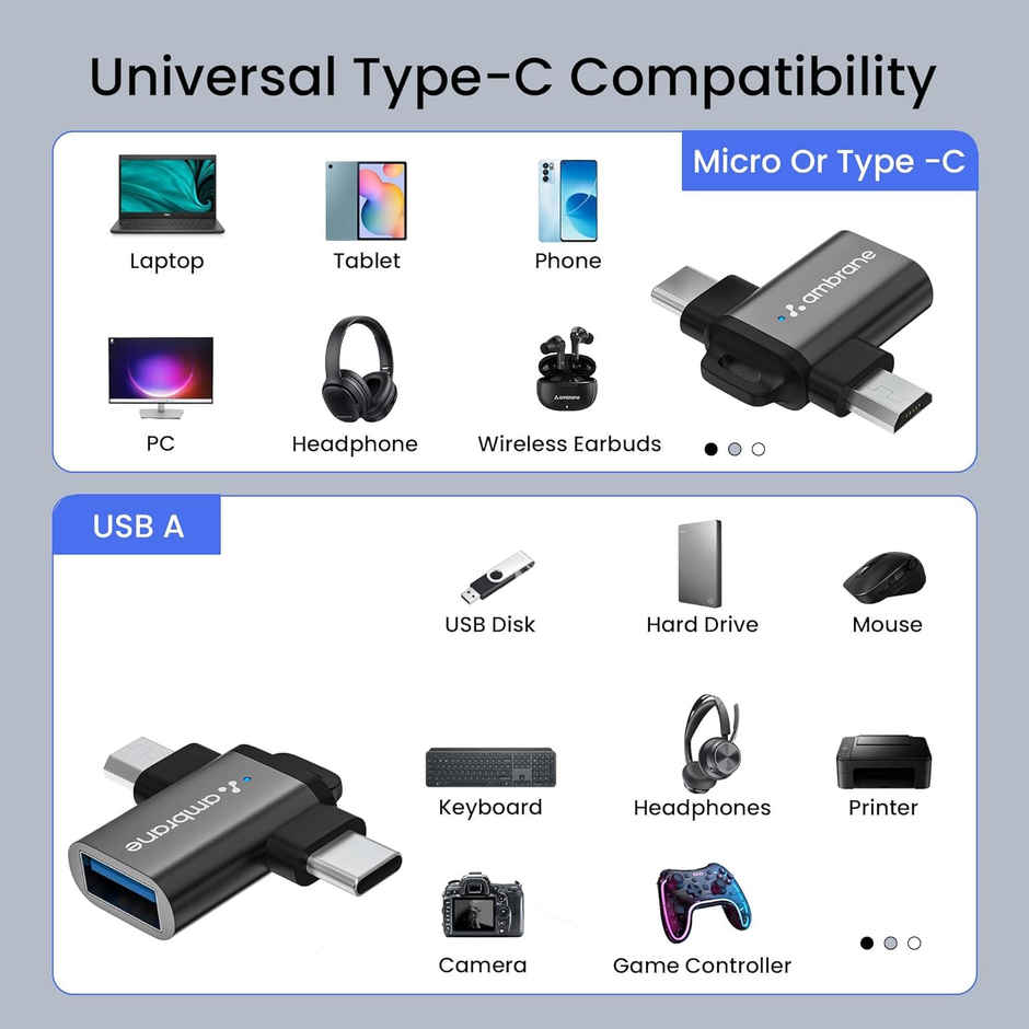 Ambrane 2 in 1 OTG Adapter Micro USB+USB Type C to USB Female Connector, OTG Pen Drive Adapter to Mobile Connector Type C, Compatible with All Devices - Black