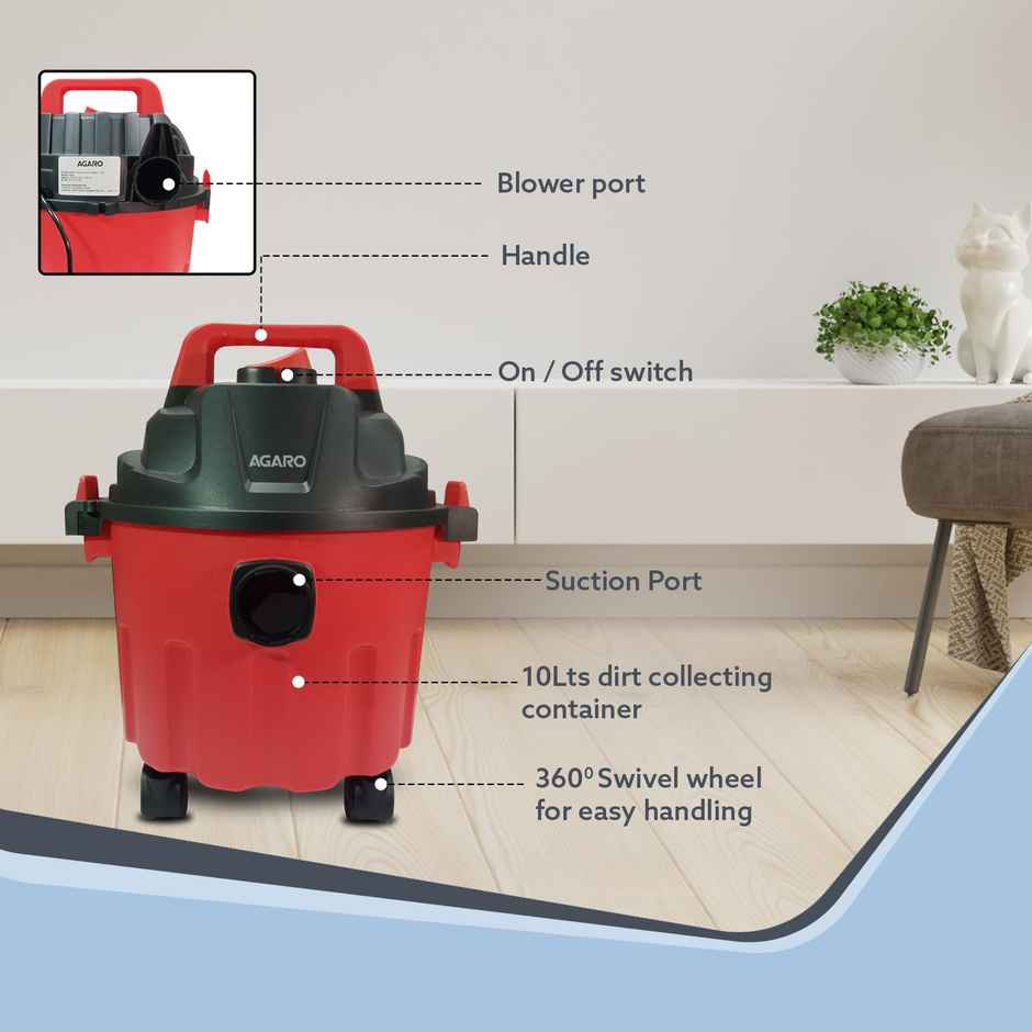 Agaro Rapid Vacuum Cleaner, 1000W, Wet & Dry, Blower Function, 10L Tank Capacity, 16.5 Kpa Suction
