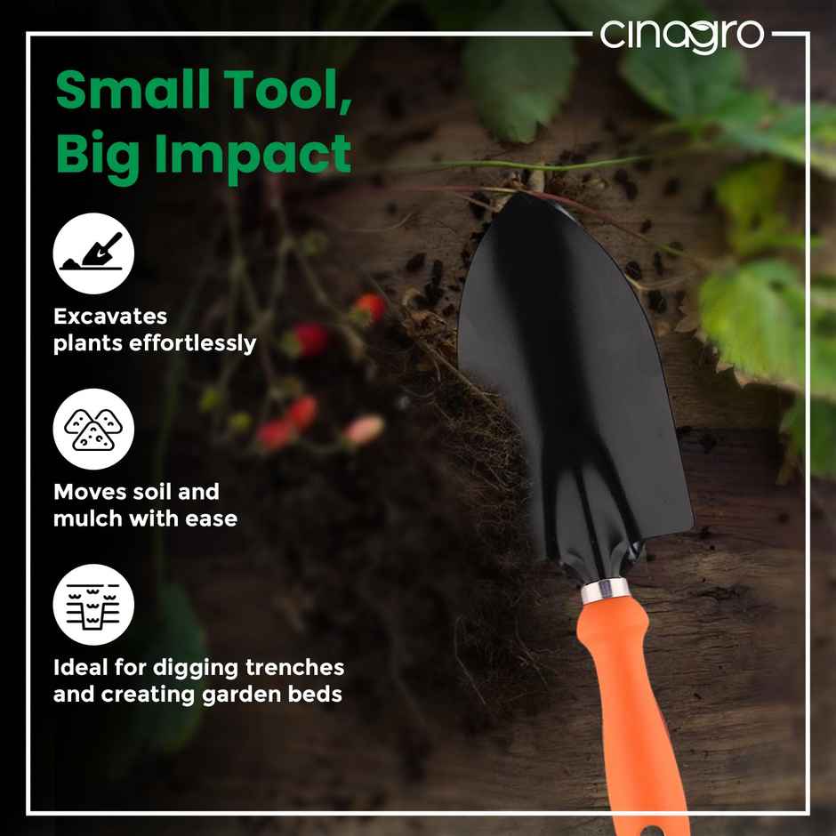 Cinagro Hand Trowel - Garden Digging Tool | Orange Handle, Black Blade