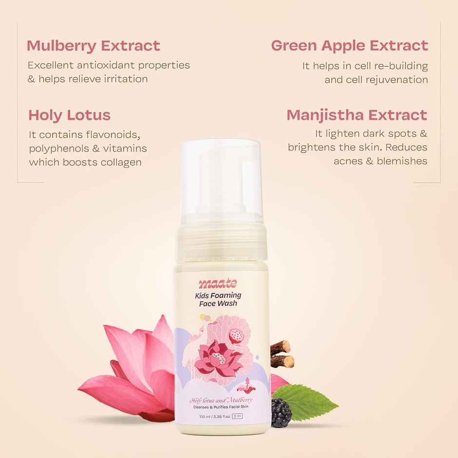 Maate Kids Foaming Face Wash With Ayurvedic Herbs Holy Lotus & Mulberry Baby For 3-12 Years