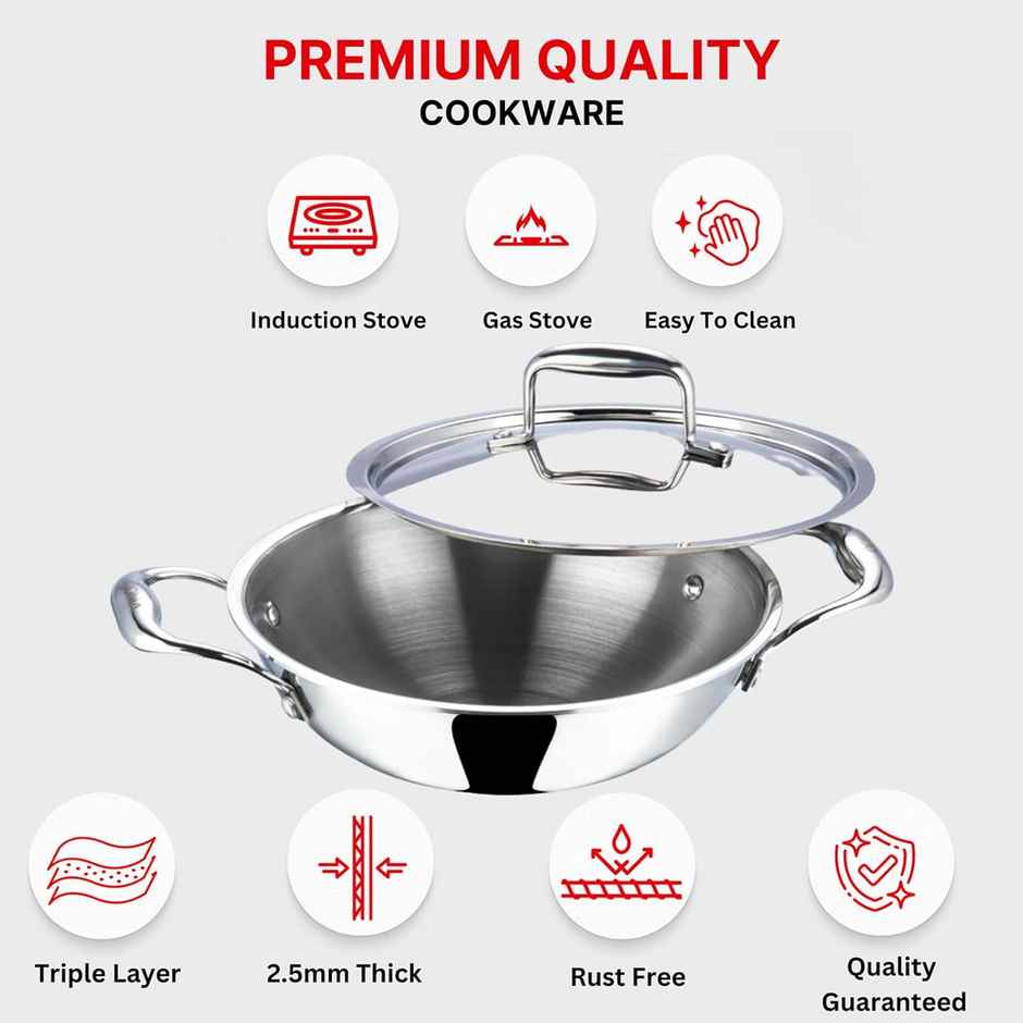 Vinod Platinum Triply Stainless Steel Extra Deep Kadai With Lid - 18 Cm, 1.2 L (Induction Friendly)