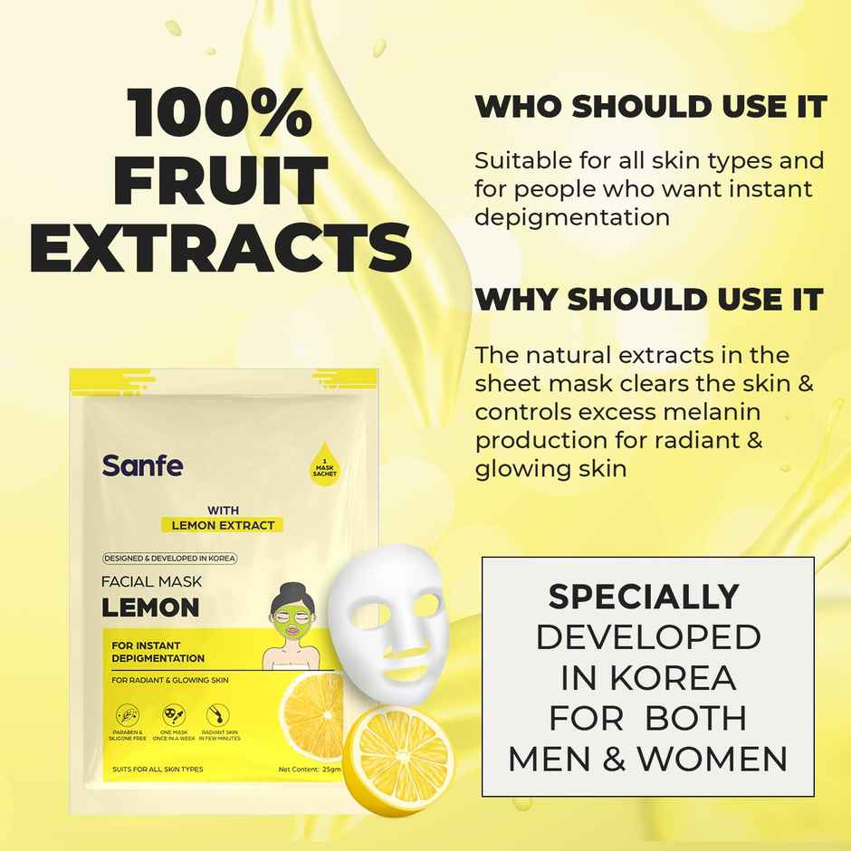 Sanfe Instant Depigmentation Lemon Facial Mask 100% Fruit Extracts, Korean Mask