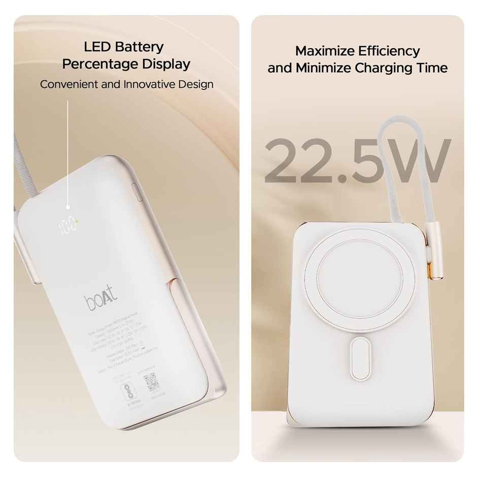 boAt Energyshroom PB330 MagnaCharge 10000 mAh Magnetic Wireless Power Bank w/ 15W Wireless Charging, Metal Stand,Magnacharge Ring for iPhone and Android Phones w/Wireless Charge - White