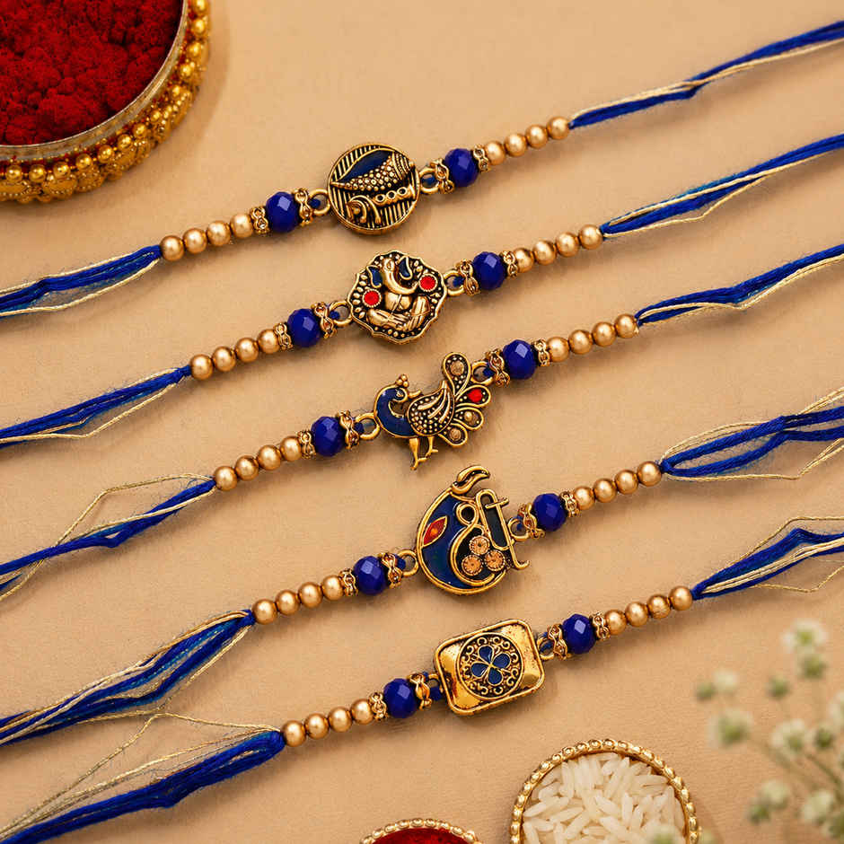 Blue Golden Designer Rakhi Combo with Roli Chawal | Religious om Ganesh shree | Pack of 5 | Ecraftindia