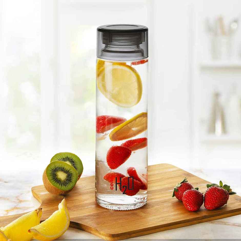 Cello Glass H2O Fridge Water Bottle with Plastic Cap | Black | 920 ml