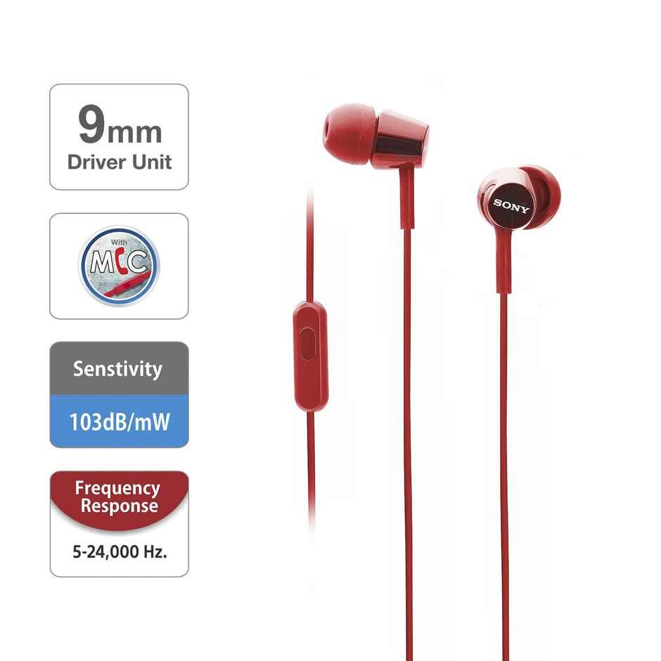 Sony Mdr-ex155ap in-ear Wired Headphones With Mic | Hands-free Call | Tangle Free Cable-red