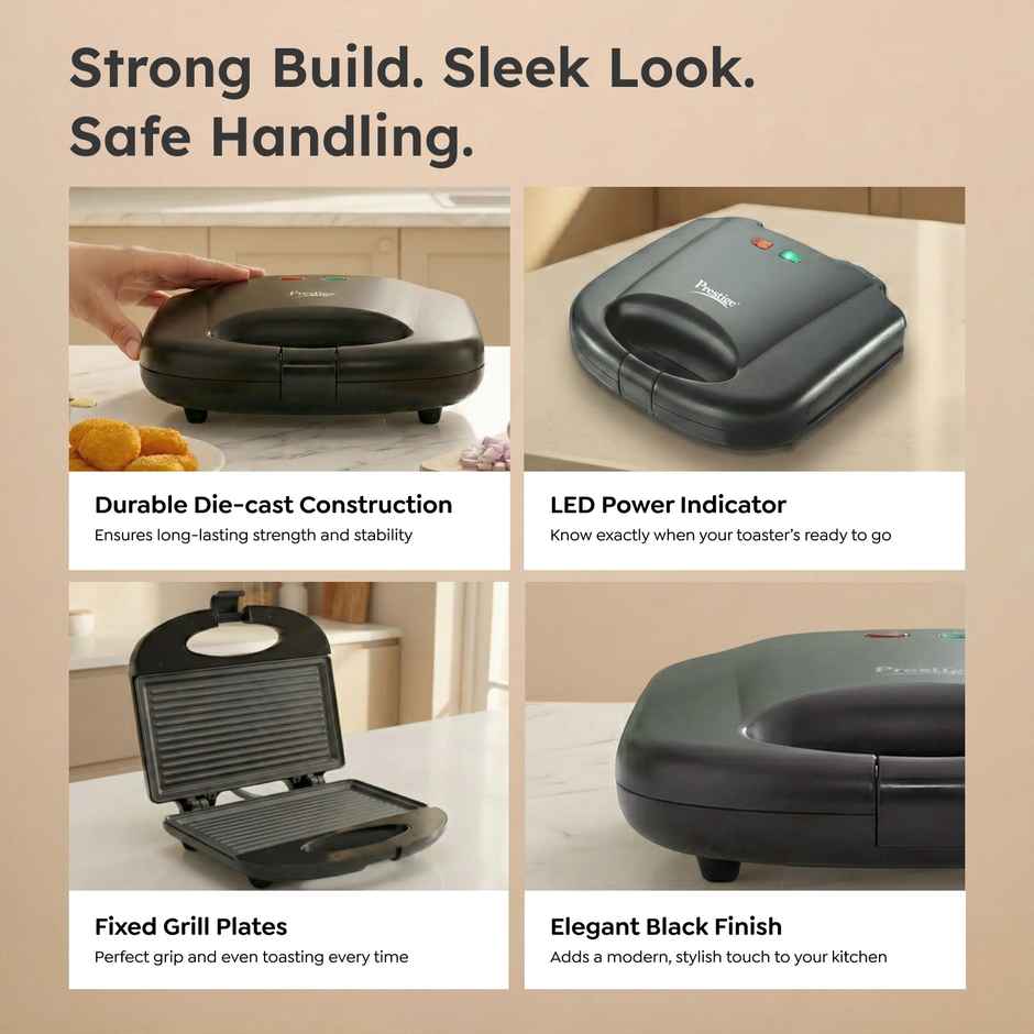 Prestige PGMFB 800W Grill Sandwich Toaster, Non-Stick Grill Plates, Black, 1Y Warranty,ISI Certified