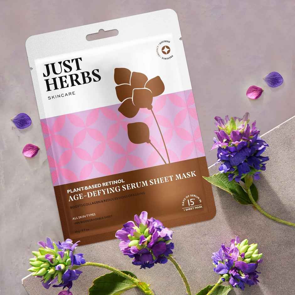 Just Herbs Face Sheet Mask Pack Of 4 Retinol Age Defying, Vitamin C Skin Brightening