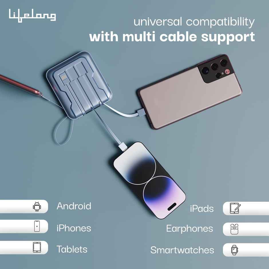 Lifelong Pulse 10000 mAh Fast 22.5W Cable Included Compact Size Power Bank with 4 Input/Output Port