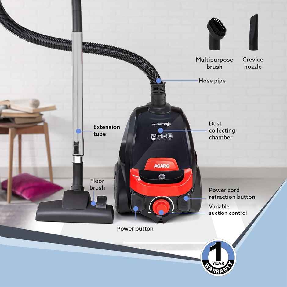 Agaro Icon 1600W Bagless Vacuum Cleaner, 24 Kpa Variable Suction With Cyclonic Technology, 1.5L Bin