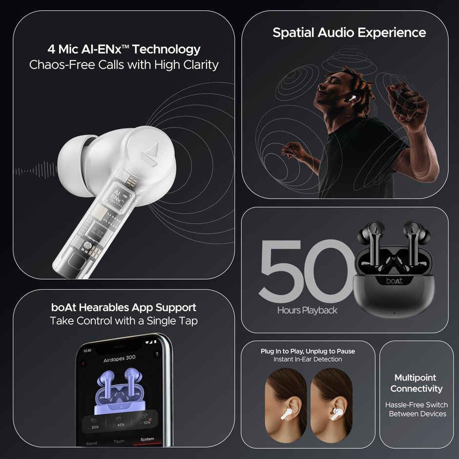 boAt Airdopes 300 TWS in Ear Earbuds with mic Cinematic Spatial Audio, 50HRS Battery, 4Mic AI ENx, Fast Charge, App Support, Low Latency, IPX4, v5.3 Bluetooth - Chrome White