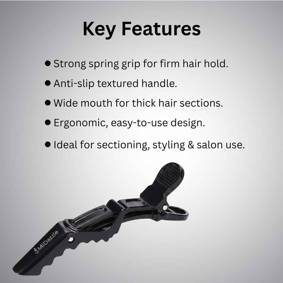 Midazzle Professional Hair Sectioning Crocodile Clips, Black | Pack of 6 | MIHA6302