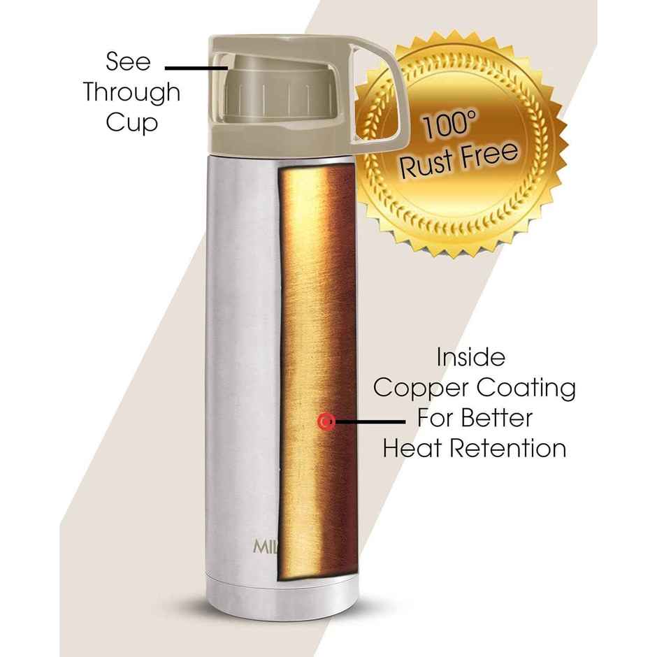 Milton Glassy 750 Thermosteel 24 Hours Hot And Cold Water Bottle With Drinking Cup Lid 750 ml, Grey