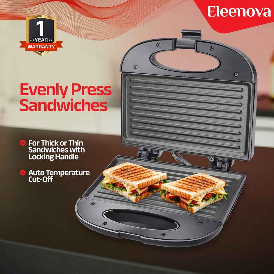 Eleenova Crown 800 W Sandwich Maker-Die-Cast Plates, Non-Stick, Energy-Efficient