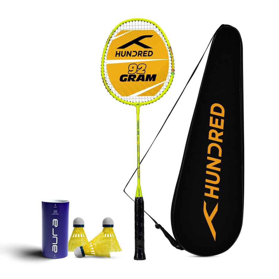 Hundred Powertek 200 Aluminium Badminton Racket 1 Racket, 1 Cover & 3 Pc Aura Nylon Shuttlecocks