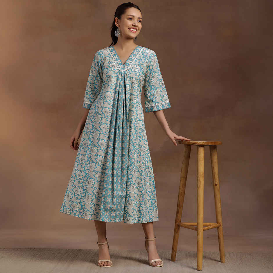 Libas Women's Floral Printed Panelled A-Line Dress with Pleated Style And Pocket | 29115O | Blue - M