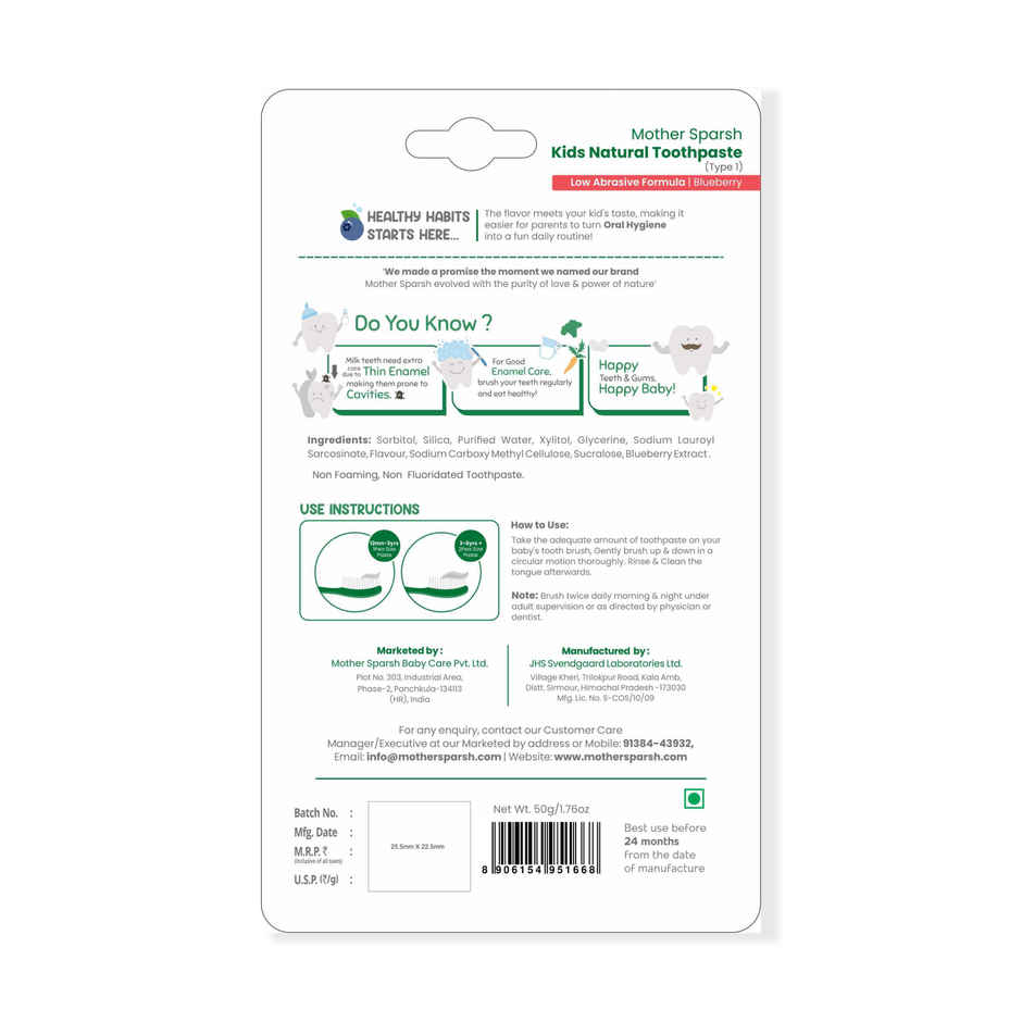 Mother Sparsh Fluoride-Free Kids Toothpaste with Toothbrush| Blueberry