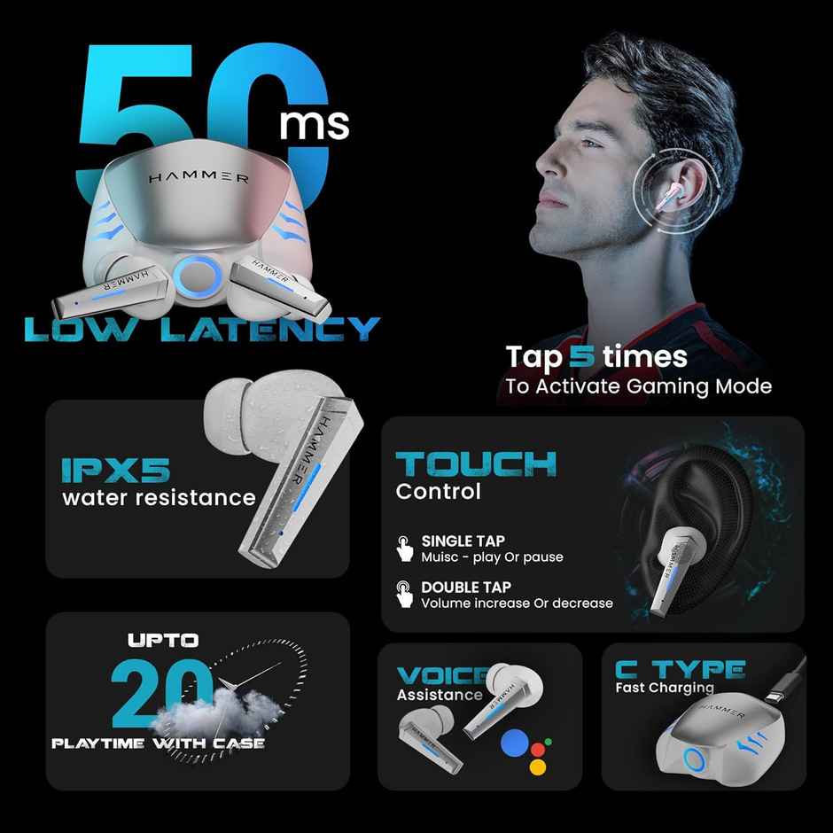 Hammer Arcade True Wireless Gaming Earbuds With Rgb Lights | Bluetooth V5.3 | Made In India - White