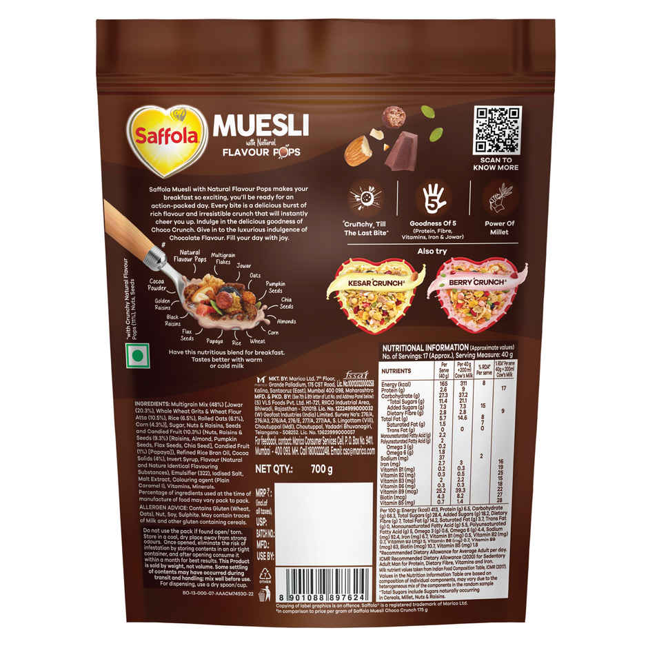 Saffola Muesli Choco Crunch with Flavour Pops | 15 in 1 Fruit and Nuts, Seeds | Millet & more