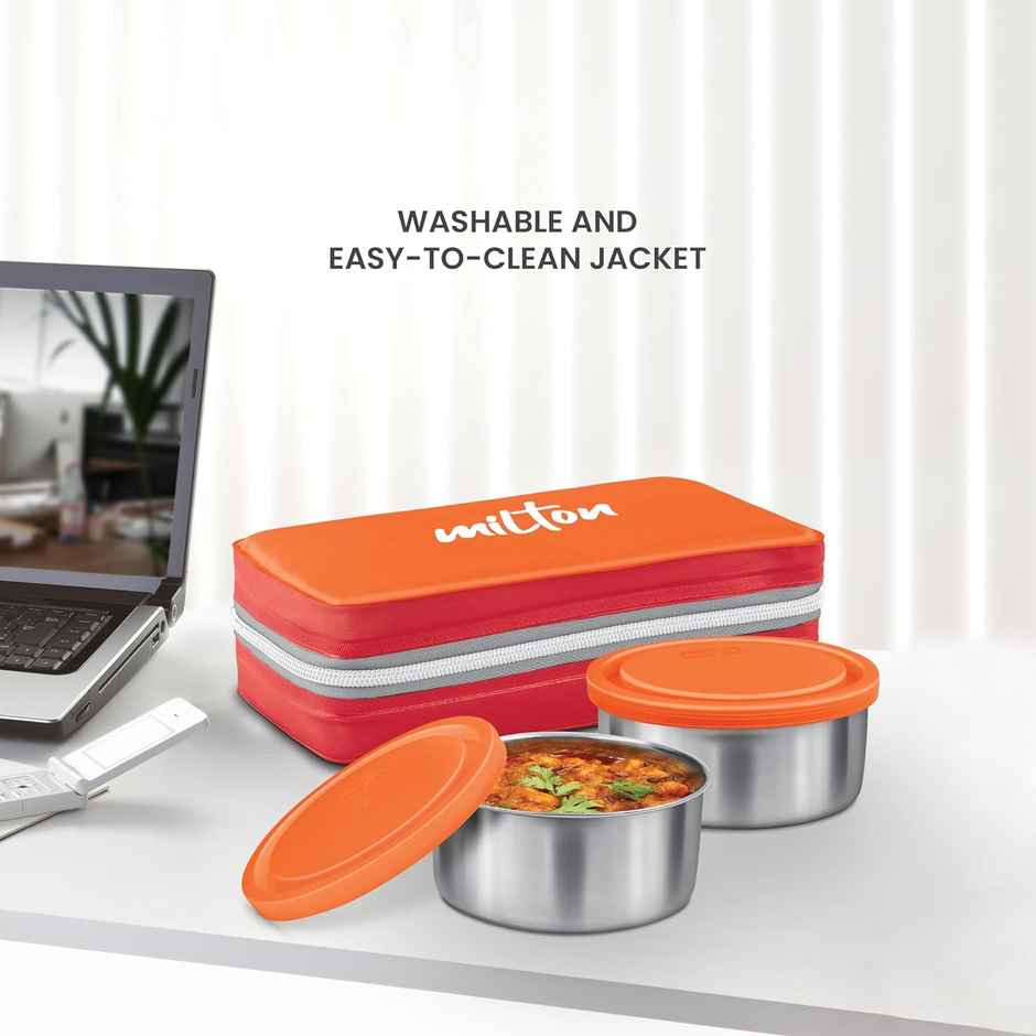 Milton Plastic New Mini Lunch Insulated Tiffin | Set Of 2 | | 280 ml Each With Bag | Orange