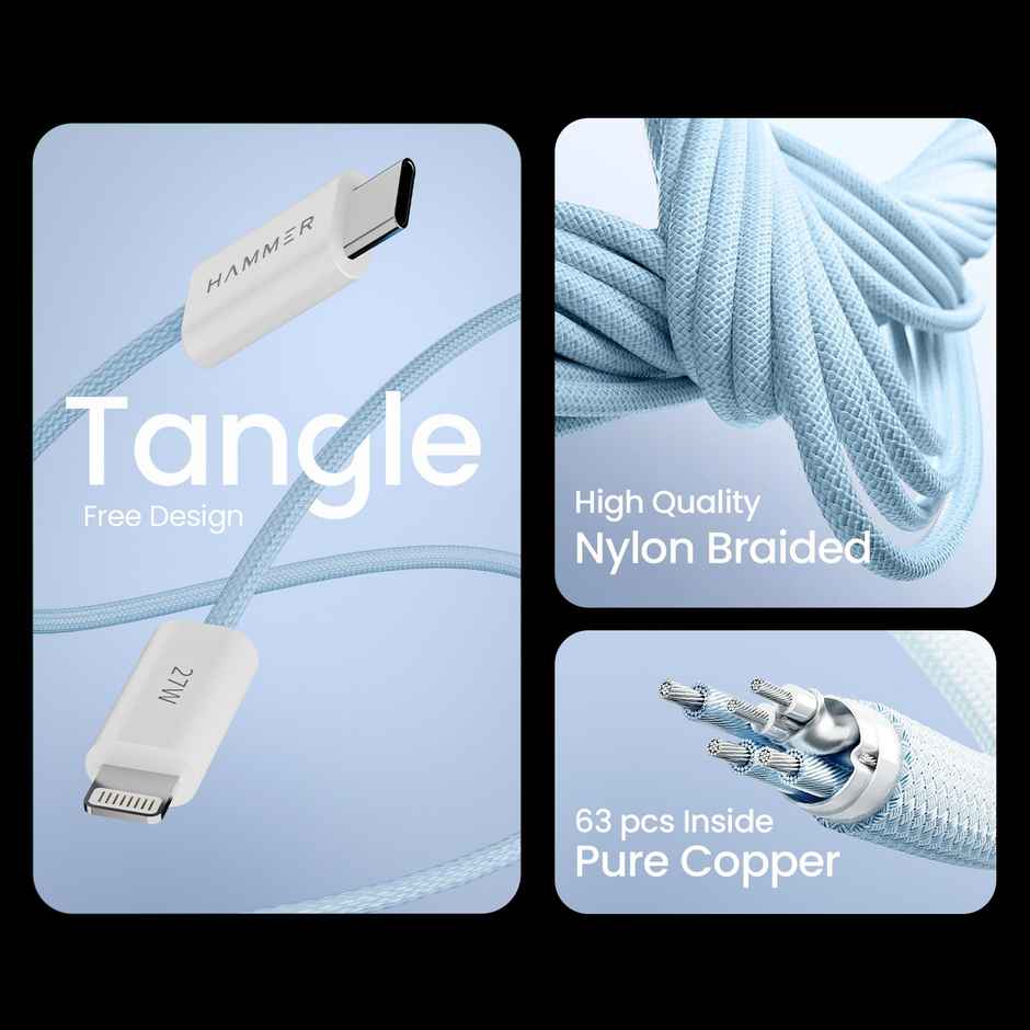 Hammer 27W Type-C to Lightning 8 Pin Nylon Braided Cable, 27W Fast Charging, 480Mbps High Speed Data Transfer & Durable Tangle Free Design, Compatible with iPhone, iPad, iMac, AirPods, 1.2M - Blue