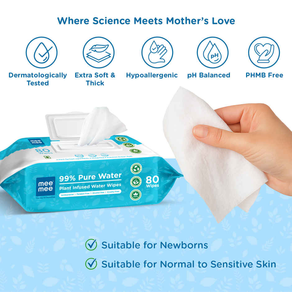 Mee Mee 99% Pure Water Unscented Plant Derived Baby Wipes | 80 Pulls per Pack