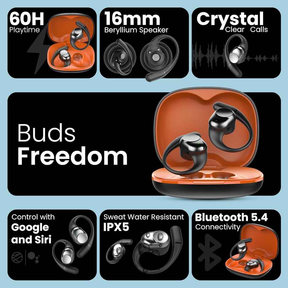 truke Buds Freedom Truly Wireless Bluetooth OWS with 4Mic PureVoice ENC, 60H Battery - SunsetBlack