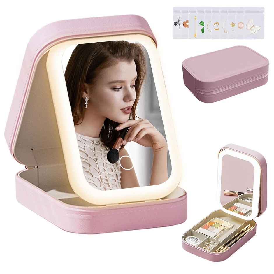 Perpetual Mart LED Lighted Makeup Mirror Jewelry Box | Portable Travel Organizer | Adjustable Lighting