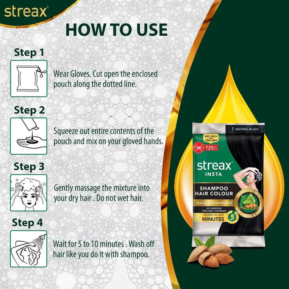 Streax Insta Shampoo Hair Colour Natural Black