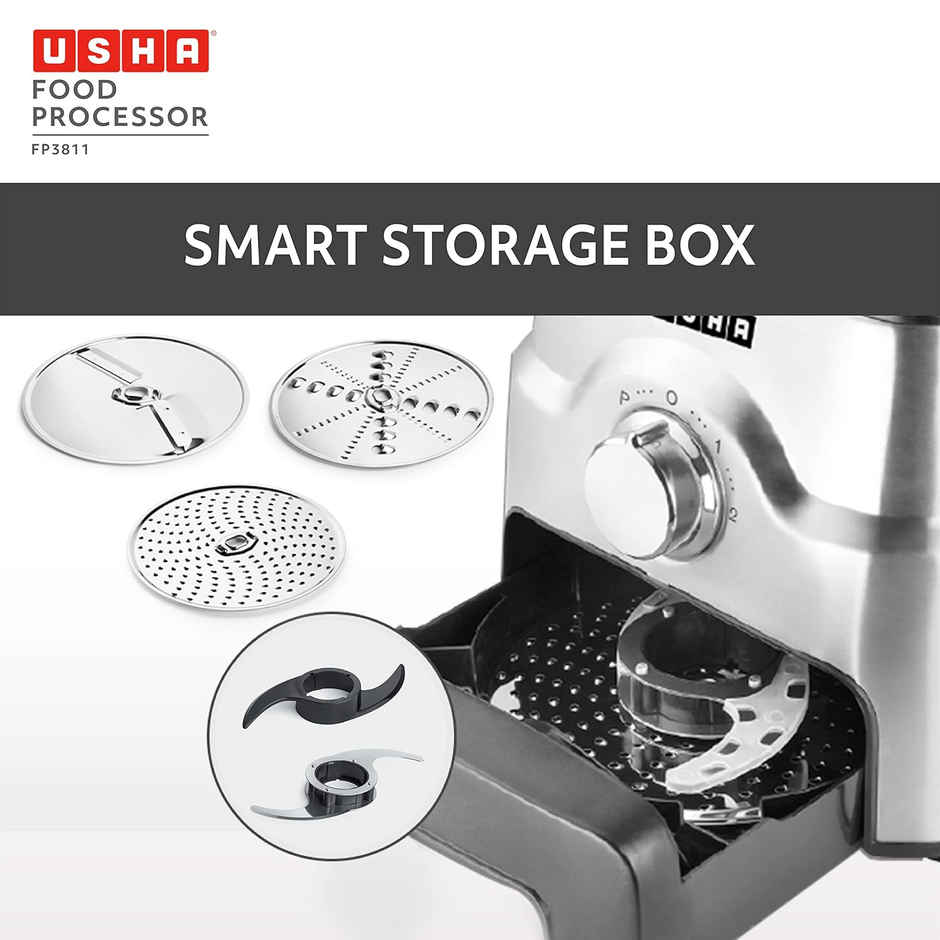 Usha Food Processor 3811 | 1000W Copper Motor | 3 Jars | Centrifugal Juicer | SS Finish - Black