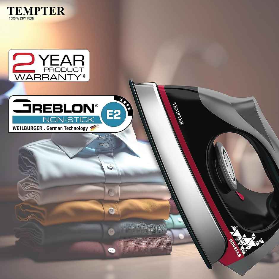Havells Abs Tempter 1000 Watts Dry Iron Press With Greblon E2 Grade Non-Stick Coated Sole Plate Aerodynamic Design With Shock Proof - Black