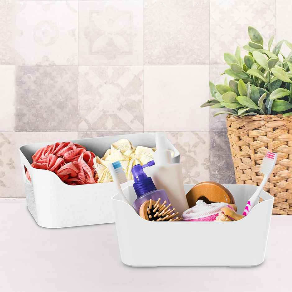 Kolorr Jolly Plastic Medium Basket With Handle For Storage Box| Pack Of 3 - Nir White