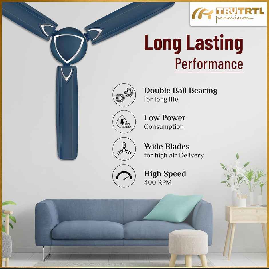 truTRTL Premium Ultra Ceiling Fan, 1200mm/48 inch, High-Speed, Energy Saving, Metallic Blue