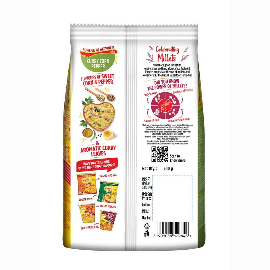 Saffola Masala Oats | Curry & Pepper | Anytime Snack | Ready in 3 mins | Millets Goodness | 500g