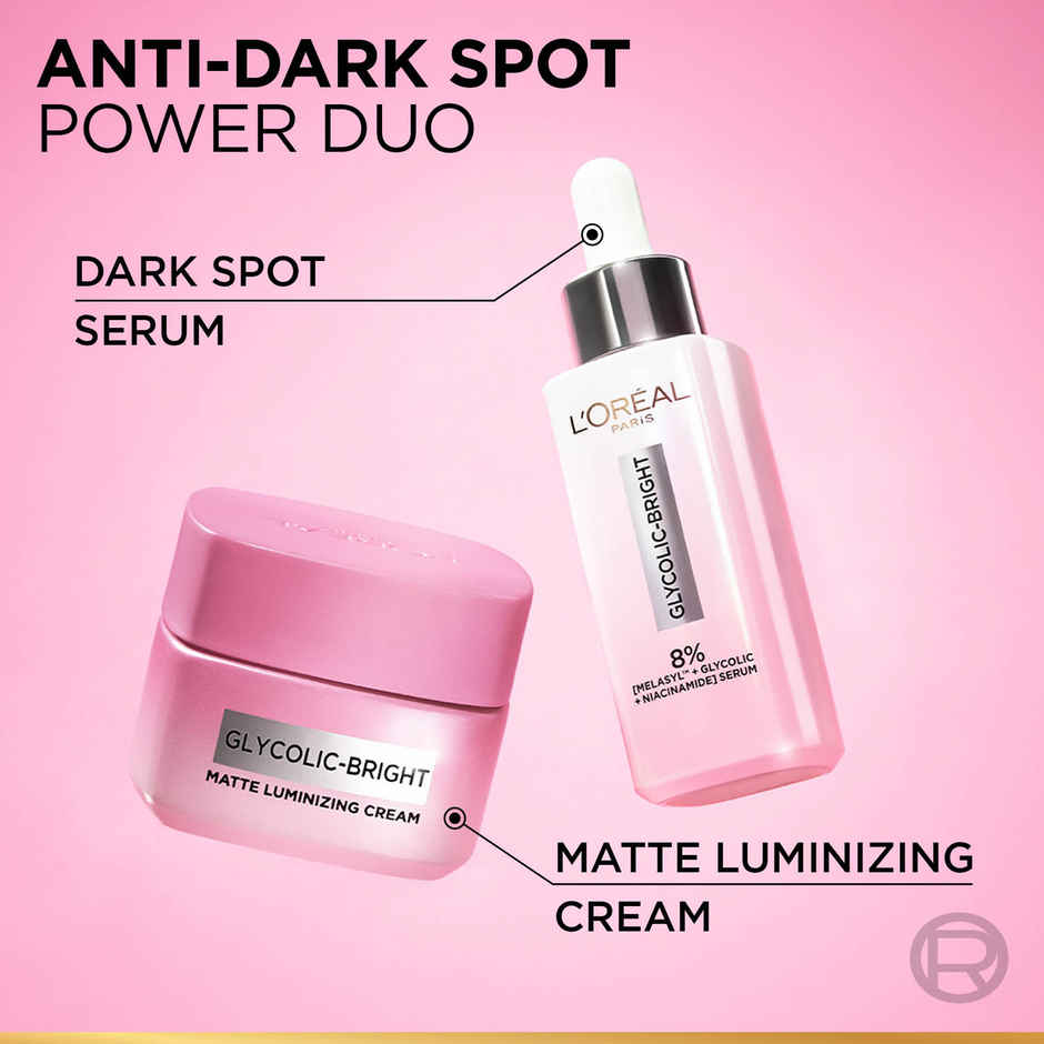 L'Oreal Paris Glycolic Bright Matte Luminizing Cream | Instant Glow Booster | Fades Dark spots